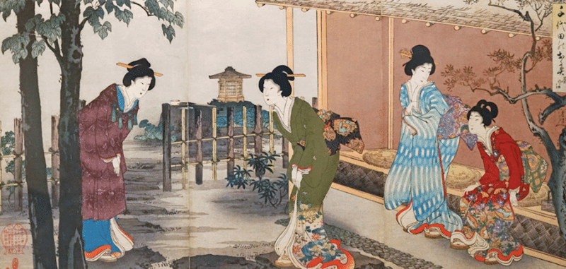 C'est une estampe japonaise ou sont représentés 4 femmes pour la cérémonie du thé. Les couleurs sont vives pour les robes de dames.